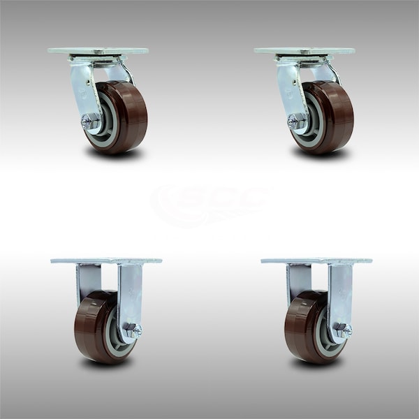 4 Inch SS Polyurethane Caster Set with Roller Bearings 2 Swivel 2 Rigid SCC